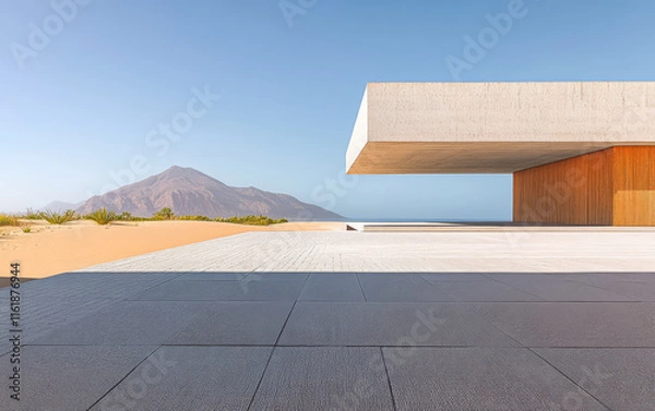 Fototapeta Modern architectural design set against a stunning desert landscape with mountains
