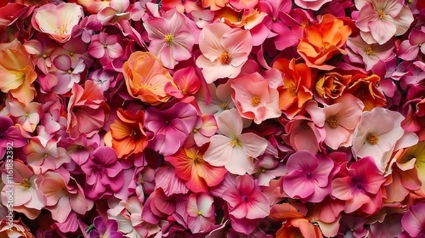 Fototapeta Close-up view of a dense collection of artificial flowers in varying shades of pink, orange, and peach. The image is rich in texture and color.
