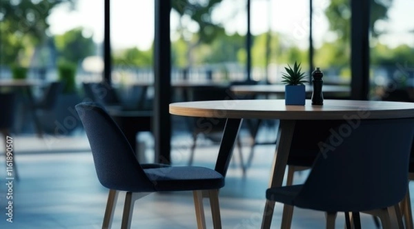 Fototapeta Modern cafe interior with empty tables and chairs near a large window overlooking a green park.