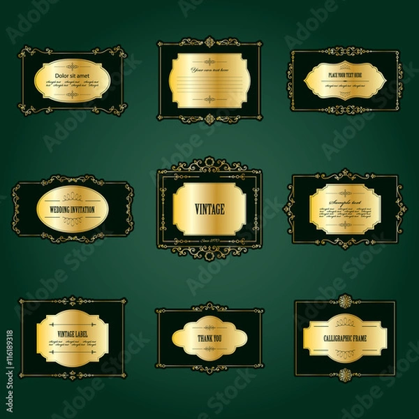 Obraz Luxury golden frame and label set. Calligraphic design elements.