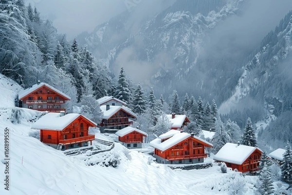 Obraz A mountain village with cozy chalets and snow-covered roofs