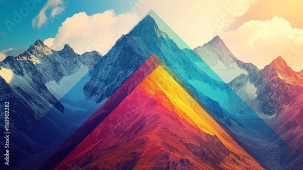 Fototapeta Vibrant mountains and colorful geometric shapes blend in an artistic landscape