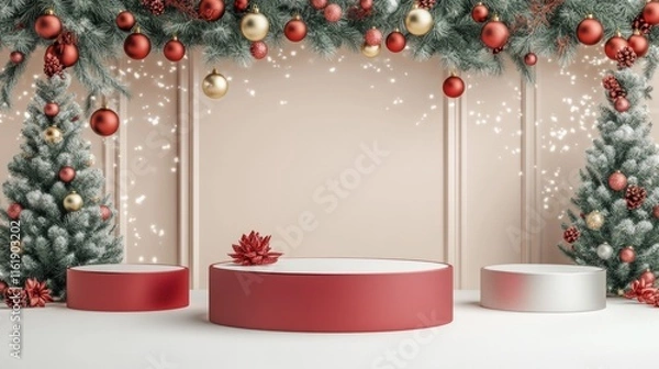 Fototapeta A white pedestal with a red base and a red and gold tree in the background