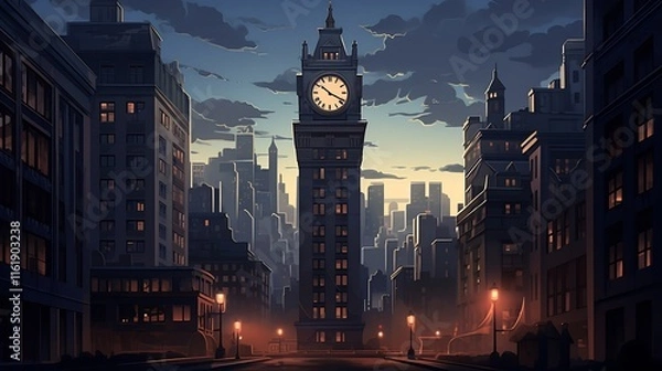 Fototapeta A classic historic clock tower standing tall amidst the modern high rise buildings and skyscrapers of a bustling city center  The contrasting architectural styles create an intriguing urban landscape