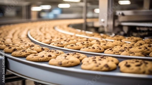 Fototapeta Closeup view of a conveyor belt carrying freshly baked golden brown cookies in an industrial bakery or production facility ready for packaging and distribution to consumers