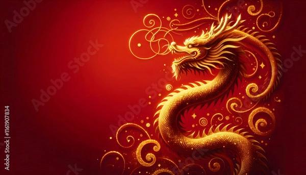 Fototapeta Chinese new year A profile shot of the golden dragon, focusing on its elongated body as it winds through the upper pa2