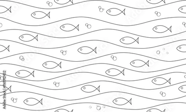 Fototapeta Fish seamless pattern. Blue waves background.
