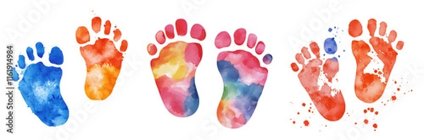 Fototapeta Mother day element, Colorful baby footprints in watercolor style, perfect for nursery decor, isolated on transparent background.