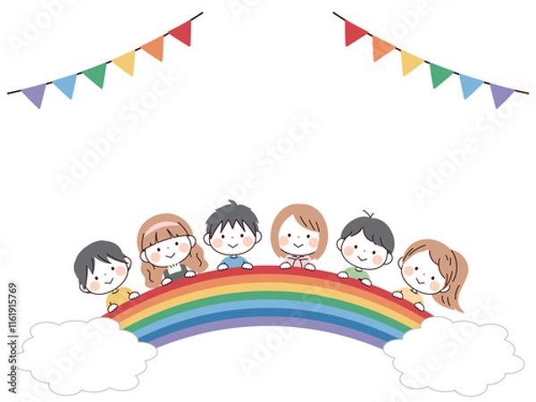Obraz 子供たちと虹、ガーランドフレーム
