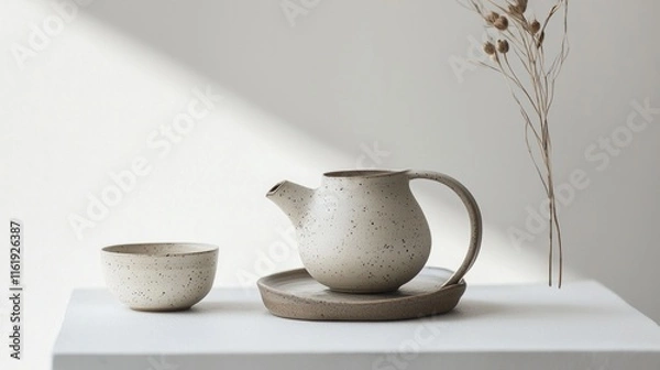 Fototapeta A white tea set with a teapot and a bowl is on a white table