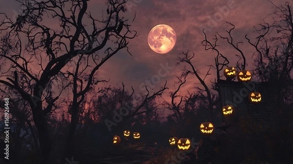 Fototapeta Spooky Halloween Jackolanterns In A Haunted Forest
