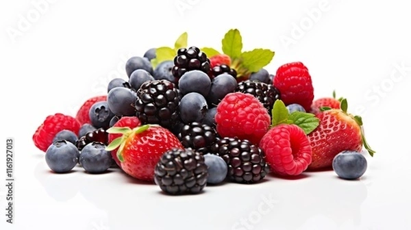 Fototapeta Vibrant and Colorful Assortment of Fresh Mixed Berries Including Blueberries Raspberries and Blackberries Displayed in a Small Pile on a Simple White Background