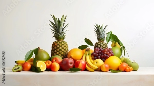 Fototapeta Visually striking minimalist display of an assortment of fresh ripe tropical fruits such as mangoes papayas and pineapples isolated on a clean bright white background