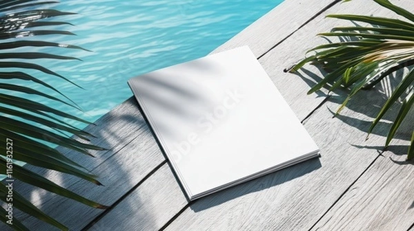 Obraz Blank white brochure mockup on wooden deck by pool.