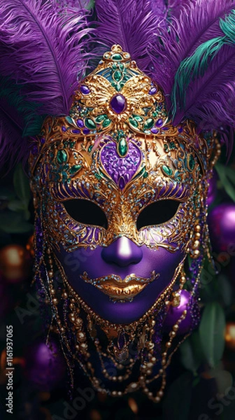 Obraz Elegant Purple   Gold Venetian Masquerade Mask with Feathers