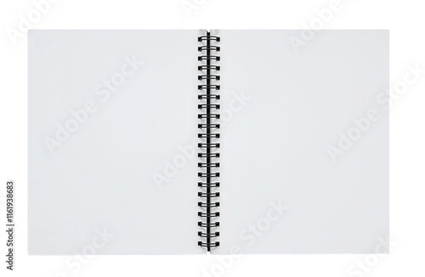 Fototapeta An open spiral notebook with blank white pages and black metal rings at the center.