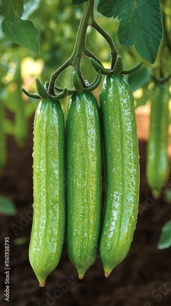 Obraz Three long green tomatoes growing on a vine.