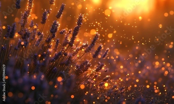 Fototapeta Magical sunset illuminating lavender field with bokeh.