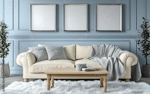 Fototapeta Elegant living room with cream sofa, light wood coffee table, gray throw, and three blank frames on a blue wall.