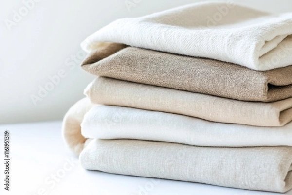 Fototapeta A neatly stacked arrangement of soft, neutral-toned linens.