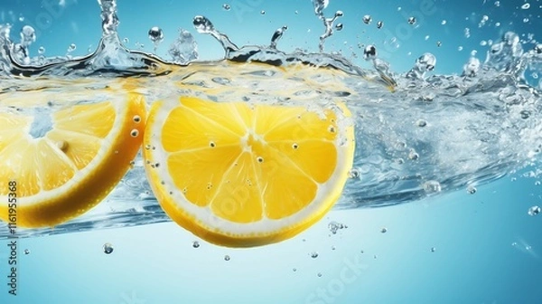 Fototapeta Sliced lemon dropping into crystal clear water creating splashing ripples and a vibrant yellow toned visual