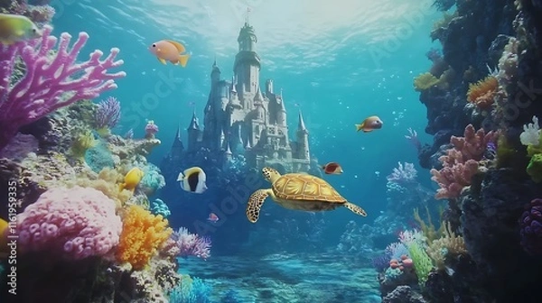 Fototapeta Underwater Castle Scene With Coral Reef And Sea Life