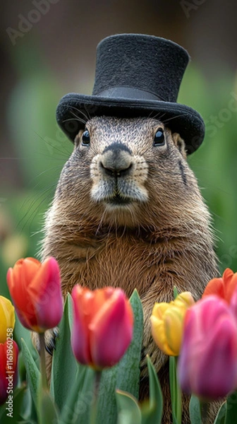 Obraz Marmot in Top Hat with Spring Tulips