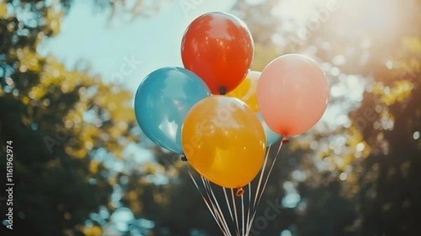 Fototapeta A joyful burst of colorful balloons lifting into the sky on a sunny day at a celebration