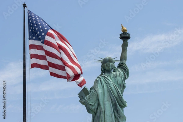 Obraz Back view of the Statue of Liberty on the Liberty Island in New York, with a waving American flag by the side, against a blue sky and clouds.