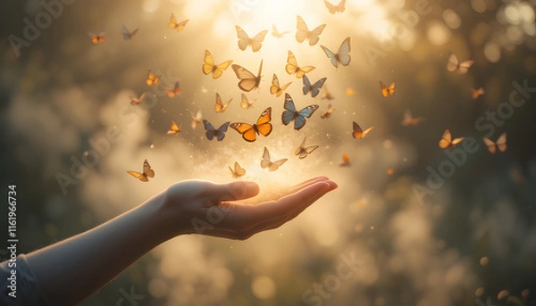 Fototapeta Hand releasing butterflies in warm golden light, Symbolizing freedom and transformation