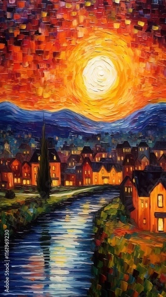 Fototapeta A vibrant sunset over a serene river, casting a warm glow on the colorful homes in this painted landscape.