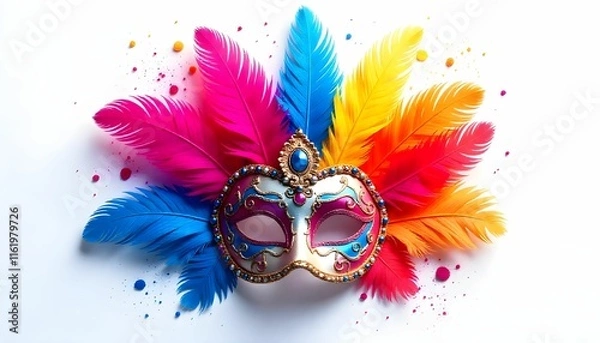 Fototapeta The image is a digital illustration of a carnival mask. The mask is in the center of the image and is surrounded by colorful feathers in shades of pink, blue, yellow, and orange