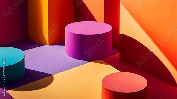 Obraz Geometric shapes in vivid hues interlocking with sharp shadows creating dynamic depth on the surface