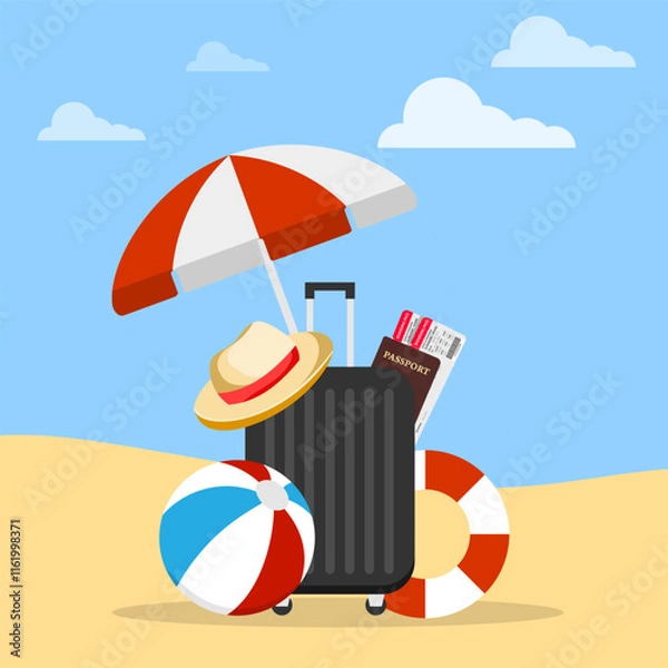 Fototapeta Tourist suitcase, suitcase with traveler's things against the background of sky and sand. Beach holiday concept. Vector, cartoon illustration. Vector.