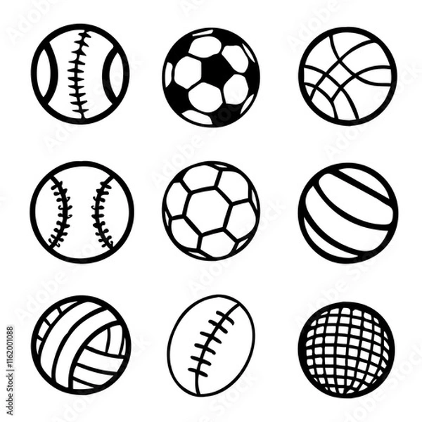 Fototapeta Icon set of balls used in soccer baseball football basketball volleyball rugby ball sports . Thin line icons flat vector illustrations isolated on white transparent background