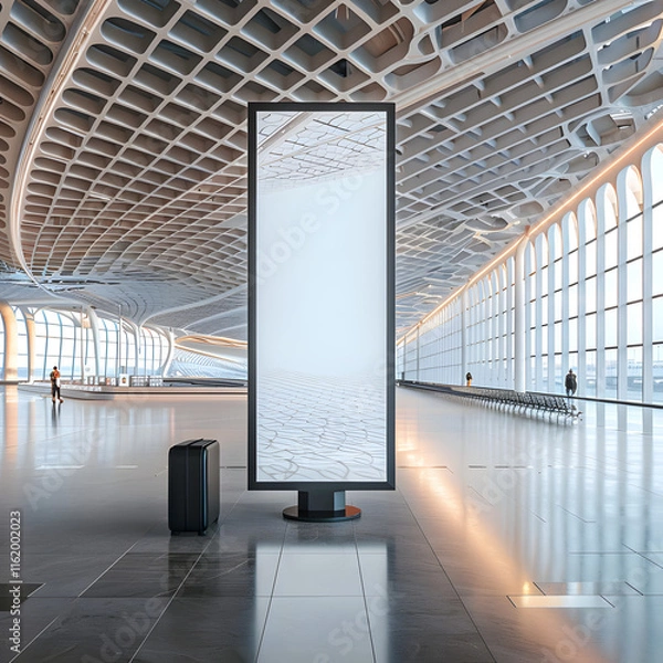 Fototapeta Blank white billboard mockup in an airport, ideal for showcasing marketing projects, branding concepts, social media promotions