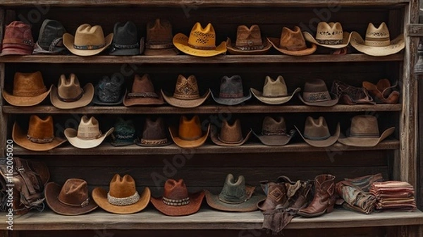 Fototapeta Cowboy Hats and Boots Displayed on Wooden Shelf at Western Market. AI generated illustration
