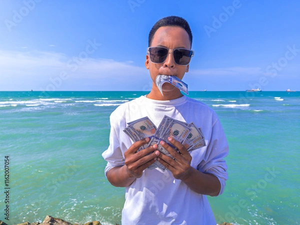 Fototapeta Asian guy with white shirt and wear glasses. Concept Confident man holding a 100 dollar bill in his hand, man hold 100 USD. Summer sea water background. focus on man. noisy, exposure, similar others