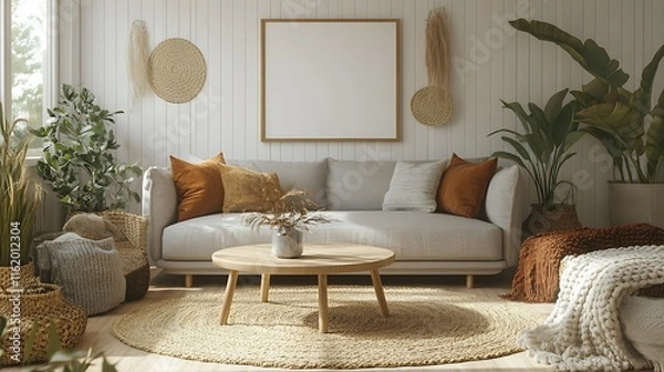 Fototapeta Cozy living room interior with a grey sofa, wooden coffee table, and natural decor.