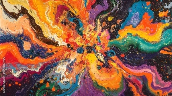 Fototapeta A dynamic flow of colors meeting at the center forming swirling patterns of paint in vivid shades