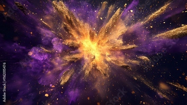 Obraz An explosion of color splashing and colliding in the center of the canvas with radiant hues of purple and gold