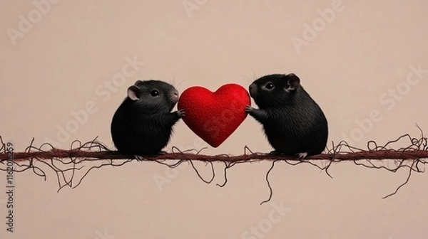 Obraz Cute Guinea Pig Couple Celebrating Valentine's Day with Love and a Red Heart on Isolated Red Background
