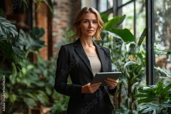Obraz Businesswoman smiling while working on her laptop in a park