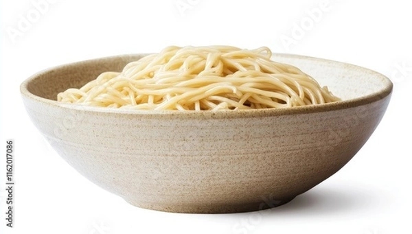 Obraz Cooked noodles in a beige bowl, isolated on white.