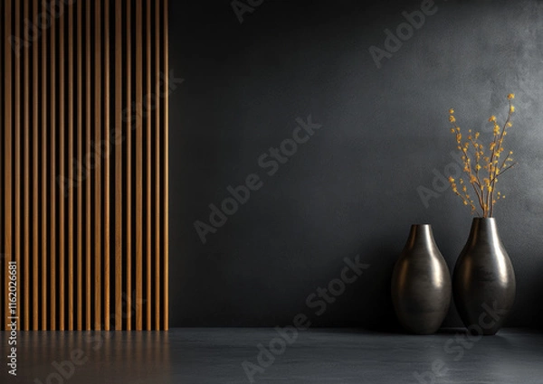 Fototapeta Modern interior design, a black wall with wooden slats on the left and vases on the right, a simple dark background, minimalism