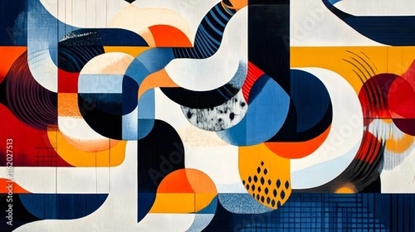 Obraz Fluid shapes weaving around geometric structures in a harmonious yet dynamic abstract pattern
