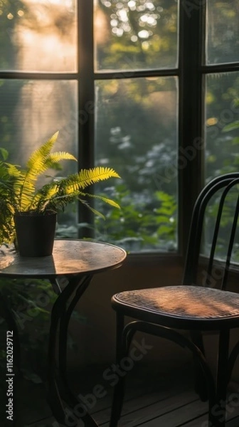 Fototapeta A serene corner with a fern plant on a table and an empty chair, bathed in warm sunlight streaming through the window.