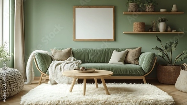 Fototapeta Green living room interior with sofa, coffee table, rug, and shelves.