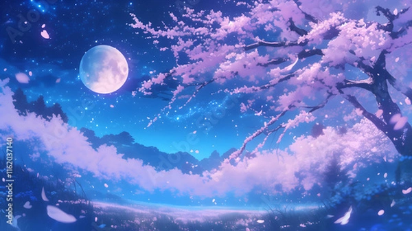 Obraz 桜 木 月 月光 よる 夜 夜桜 はる 春 日本 アニメ风 背景 壁紙