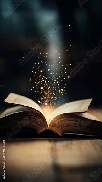 Obraz An enchanting open book with magical sparkles, creating a whimsical atmosphere of imagination and stories.